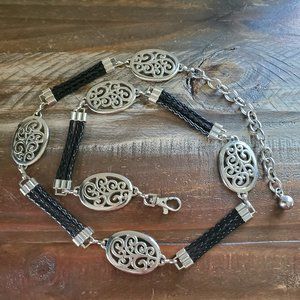 Southwest Style Silver Tone Medallion & Braided Black Faux Leather Belt - Large